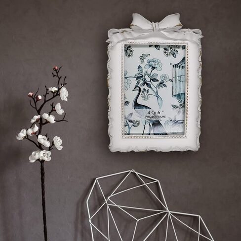 BLYBH Vintage Picture Frame 4x6 Bowknot Retro Photo Frames, Tabletop & Wall Hanging Ornate Antique Picture Frame with High Definition Glass, White in Saudi Arabia