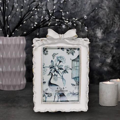 BLYBH Vintage Picture Frame 4x6 Bowknot Retro Photo Frames, Tabletop & Wall Hanging Ornate Antique Picture Frame with High Definition Glass, White in Saudi Arabia