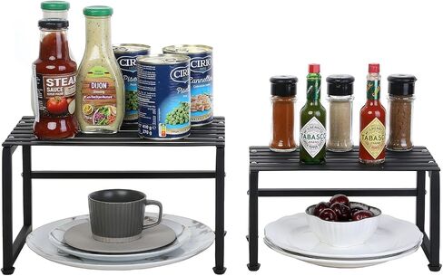 MyGift Industrial Matte Black Metal Stackable Slatted Spice Racks, Nesting Kitchen Counter Expandable Display Risers and Cabinet Organizer Shelves, 2 Piece Set in Saudi Arabia