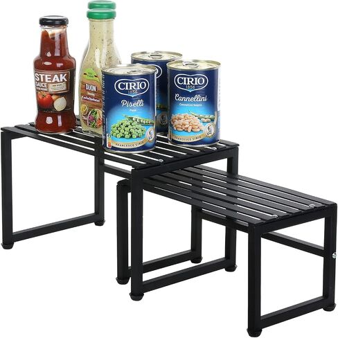 MyGift Industrial Matte Black Metal Stackable Slatted Spice Racks, Nesting Kitchen Counter Expandable Display Risers and Cabinet Organizer Shelves, 2 Piece Set in Saudi Arabia