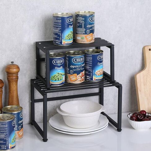 MyGift Industrial Matte Black Metal Stackable Slatted Spice Racks, Nesting Kitchen Counter Expandable Display Risers and Cabinet Organizer Shelves, 2 Piece Set in Saudi Arabia