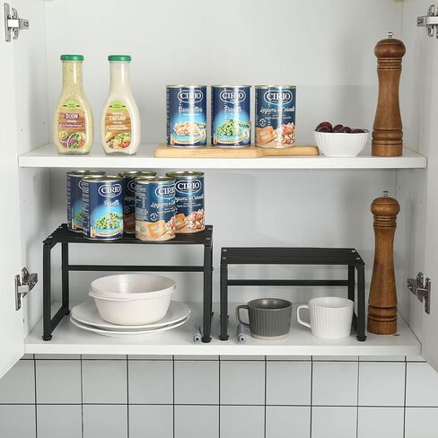 MyGift Industrial Matte Black Metal Stackable Slatted Spice Racks, Nesting Kitchen Counter Expandable Display Risers and Cabinet Organizer Shelves, 2 Piece Set in Saudi Arabia