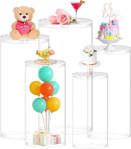 FUHSY Cylinder Pedestal Stand 5 PCS Clear Cylinder Stands for Party Round Cake Pillar Stand Display Cylinders for Parties Stand Acrylic Cylinder Plinth Stand for Birthday Dessert Garden Indoor Outdoor in Saudi Arabia