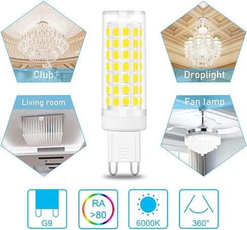 مصباح إضاءة LED hansang G9، مصابيح إضاءة ثريا 6 وات (مكافئ هالوجين 60 وات)، 88 قطعة LED، ضوء نهاري 6000 كلفن أبيض، غير قابل للتعتيم، قاعدة G9 ثنائية الدبوس، زاوية شعاع 360 درجة، 600 لومن، حزمة من 6 in Saudi Arabia