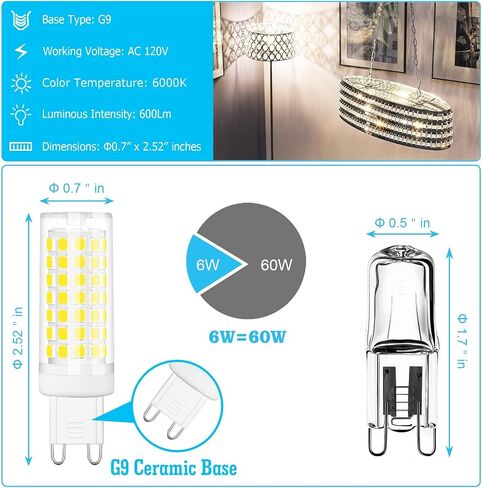 مصباح إضاءة LED hansang G9، مصابيح إضاءة ثريا 6 وات (مكافئ هالوجين 60 وات)، 88 قطعة LED، ضوء نهاري 6000 كلفن أبيض، غير قابل للتعتيم، قاعدة G9 ثنائية الدبوس، زاوية شعاع 360 درجة، 600 لومن، حزمة من 6 in Saudi Arabia