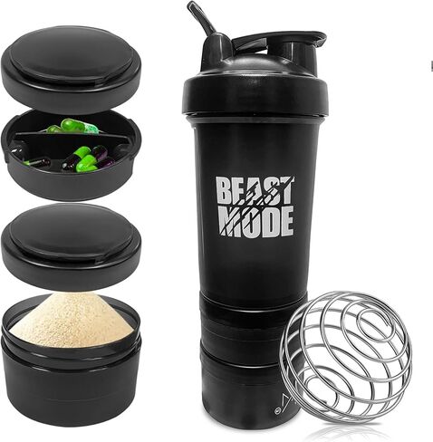 Protein Shaker Bottle with Storage Containers - Leakproof 20oz/600ml Capacity Shakers for Protein Shakes with Mixer Ball and Carry Loop - Protein Shakers (Black) in Saudi Arabia