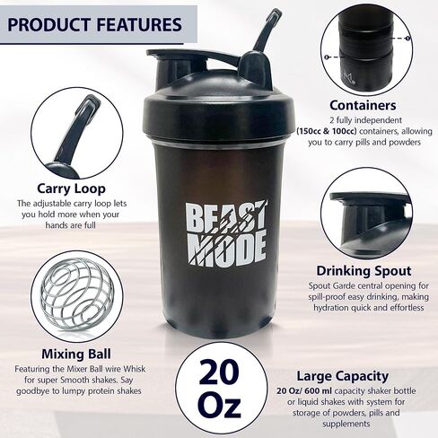 Protein Shaker Bottle with Storage Containers - Leakproof 20oz/600ml Capacity Shakers for Protein Shakes with Mixer Ball and Carry Loop - Protein Shakers (Black) in Saudi Arabia