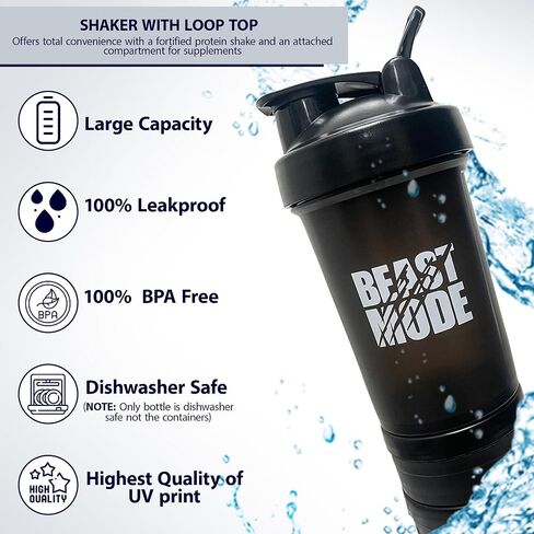 Protein Shaker Bottle with Storage Containers - Leakproof 20oz/600ml Capacity Shakers for Protein Shakes with Mixer Ball and Carry Loop - Protein Shakers (Black) in Saudi Arabia
