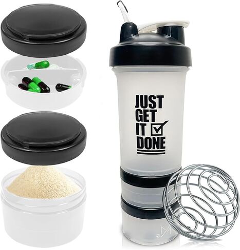 Protein Shaker Bottle with Storage Containers - Leakproof 20oz/600ml Capacity Shakers for Protein Shakes with Mixer Ball and Carry Loop - Protein Shakers (Black) in Saudi Arabia