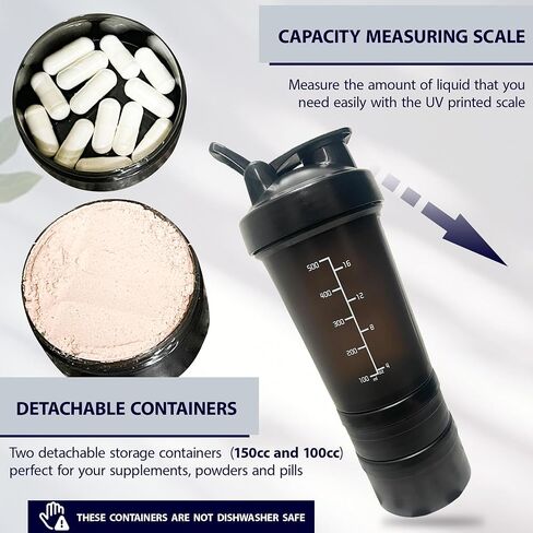 Protein Shaker Bottle with Storage Containers - Leakproof 20oz/600ml Capacity Shakers for Protein Shakes with Mixer Ball and Carry Loop - Protein Shakers (Black) in Saudi Arabia