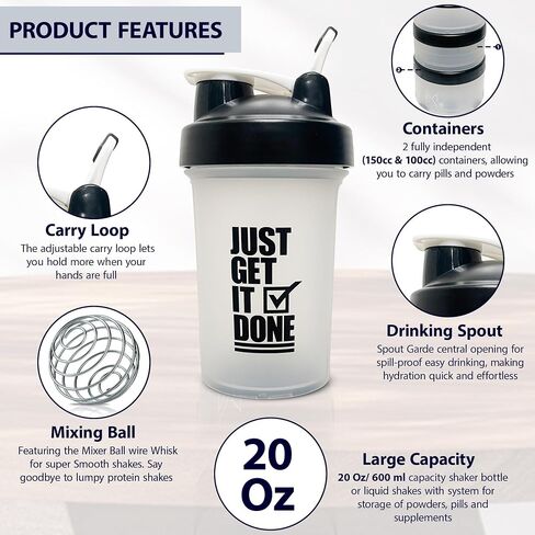 Protein Shaker Bottle with Storage Containers - Leakproof 20oz/600ml Capacity Shakers for Protein Shakes with Mixer Ball and Carry Loop - Protein Shakers (Black) in Saudi Arabia
