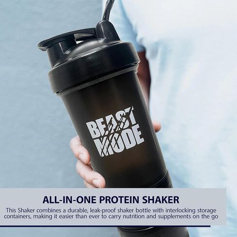 Protein Shaker Bottle with Storage Containers - Leakproof 20oz/600ml Capacity Shakers for Protein Shakes with Mixer Ball and Carry Loop - Protein Shakers (Black) in Saudi Arabia