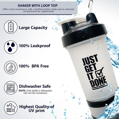 Protein Shaker Bottle with Storage Containers - Leakproof 20oz/600ml Capacity Shakers for Protein Shakes with Mixer Ball and Carry Loop - Protein Shakers (Black) in Saudi Arabia