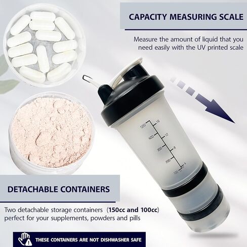 Protein Shaker Bottle with Storage Containers - Leakproof 20oz/600ml Capacity Shakers for Protein Shakes with Mixer Ball and Carry Loop - Protein Shakers (Black) in Saudi Arabia