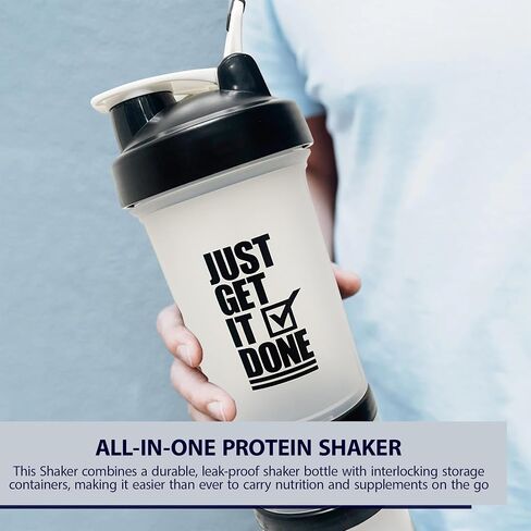 Protein Shaker Bottle with Storage Containers - Leakproof 20oz/600ml Capacity Shakers for Protein Shakes with Mixer Ball and Carry Loop - Protein Shakers (Black) in Saudi Arabia
