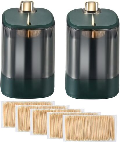 قطعتان من موزعات حامل أعواد الأسنان، حاوية أعواد الأسنان الأوتوماتيكية، صندوق توزيع تخزين أعواد الأسنان، مع 1000 عيدان أسنان، لمطعم مطبخ غرفة المعيشة المنزلية - أخضر داكن in Kuwait