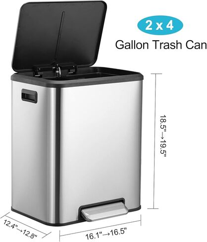 سلة المهملات المستطيلة من GlowSol، سلة قمامة المطبخ المصنوعة من الفولاذ المقاوم للصدأ، سلة المهملات سعة 2 × 4 جالون وإعادة تدوير صناديق النفايات ذات الحجرة المزدوجة مع صناديق داخلية قابلة للإزالة in Kuwait