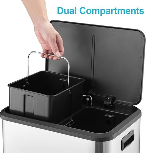 سلة المهملات المستطيلة من GlowSol، سلة قمامة المطبخ المصنوعة من الفولاذ المقاوم للصدأ، سلة المهملات سعة 2 × 4 جالون وإعادة تدوير صناديق النفايات ذات الحجرة المزدوجة مع صناديق داخلية قابلة للإزالة in Kuwait