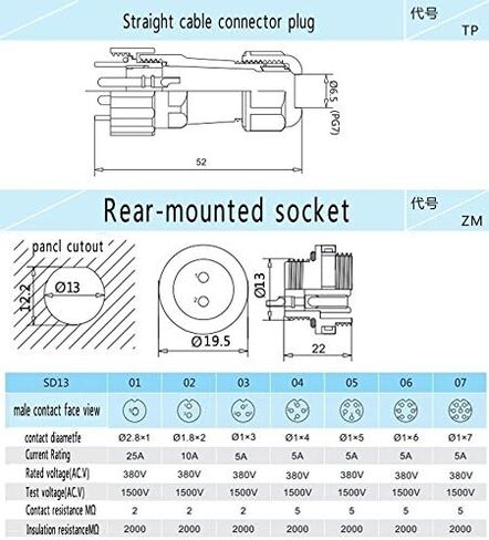 SD13 7PIN Waterproof Connector, IP68 5A 380V.AC High Voltage Circular Automotive Power Connector 7pole Aviation Plug Socket Plug(Female)-Socket(Male) (7pin, Panel Moun) in Saudi Arabia
