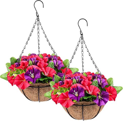 2 عبوة من الزهور الاصطناعية المعلقة في سلة، نباتات صناعية معلقة في سلة بطانة جوز الهند، زهور البتونيا المزيفة الملونة في الأواني تبدو حقيقية للديكور الداخلي والخارجي والحديقة والشرفة in Kuwait