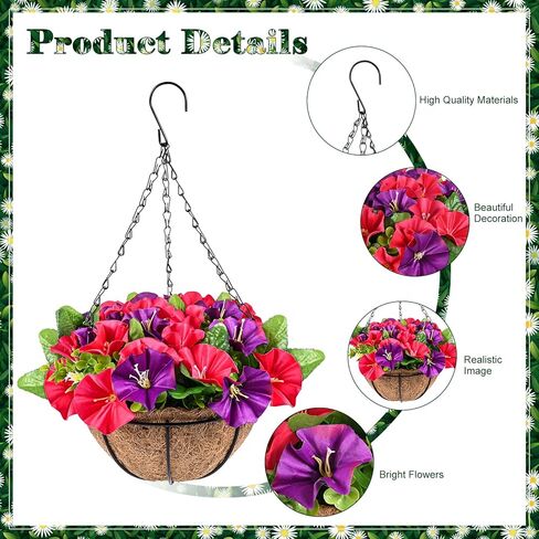 2 عبوة من الزهور الاصطناعية المعلقة في سلة، نباتات صناعية معلقة في سلة بطانة جوز الهند، زهور البتونيا المزيفة الملونة في الأواني تبدو حقيقية للديكور الداخلي والخارجي والحديقة والشرفة in Kuwait
