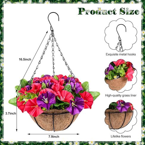 2 عبوة من الزهور الاصطناعية المعلقة في سلة، نباتات صناعية معلقة في سلة بطانة جوز الهند، زهور البتونيا المزيفة الملونة في الأواني تبدو حقيقية للديكور الداخلي والخارجي والحديقة والشرفة in Kuwait