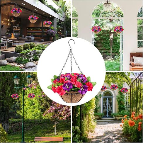 2 عبوة من الزهور الاصطناعية المعلقة في سلة، نباتات صناعية معلقة في سلة بطانة جوز الهند، زهور البتونيا المزيفة الملونة في الأواني تبدو حقيقية للديكور الداخلي والخارجي والحديقة والشرفة in Kuwait