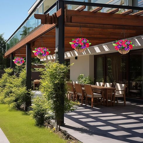 2 عبوة من الزهور الاصطناعية المعلقة في سلة، نباتات صناعية معلقة في سلة بطانة جوز الهند، زهور البتونيا المزيفة الملونة في الأواني تبدو حقيقية للديكور الداخلي والخارجي والحديقة والشرفة in Kuwait