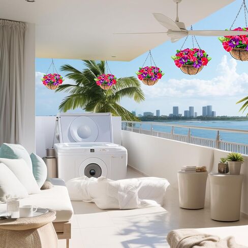 2 عبوة من الزهور الاصطناعية المعلقة في سلة، نباتات صناعية معلقة في سلة بطانة جوز الهند، زهور البتونيا المزيفة الملونة في الأواني تبدو حقيقية للديكور الداخلي والخارجي والحديقة والشرفة in Kuwait