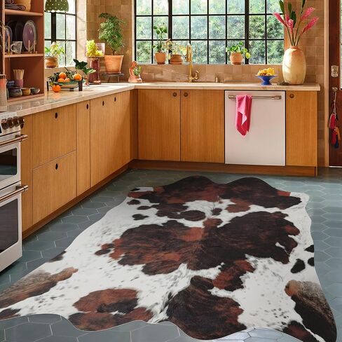 Faux Cowhide Rug Cow Print Western Area Rug 5.2x4.6 Feet, Rustic Chic Cow Rug Cow Hide Rug for Living Room Bedroom, Non-Slip Durable Cow rugs, Faux Animal Print Rug, Brown in Saudi Arabia