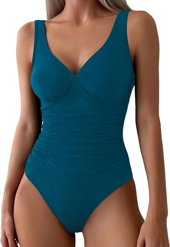 MakeMeChic Women's Ruched Tummy Control One Piece Swimsuit V Neck Monokini Bathing Suit in Saudi Arabia