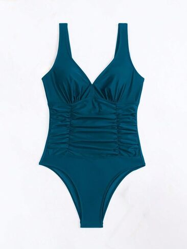 MakeMeChic Women's Ruched Tummy Control One Piece Swimsuit V Neck Monokini Bathing Suit in Saudi Arabia
