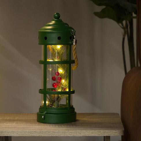 Alpine Corporation Metal and Glass Lantern with Warm White LED Lights, Green in Saudi Arabia