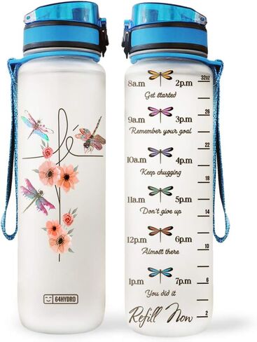 64HYDRO 32oz 1Liter Motivational Water Bottle with Time Marker, Colorful Dragonfly Flower Lover HAH2205002 Water Bottle - WTB in Saudi Arabia