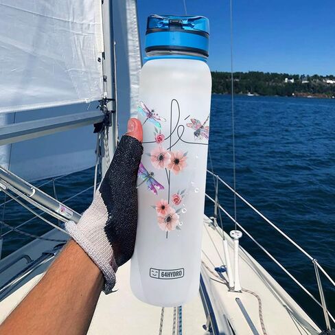 64HYDRO 32oz 1Liter Motivational Water Bottle with Time Marker, Colorful Dragonfly Flower Lover HAH2205002 Water Bottle - WTB in Saudi Arabia