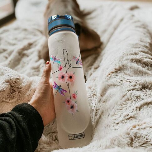 64HYDRO 32oz 1Liter Motivational Water Bottle with Time Marker, Colorful Dragonfly Flower Lover HAH2205002 Water Bottle - WTB in Saudi Arabia