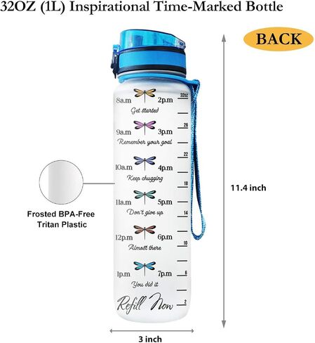64HYDRO 32oz 1Liter Motivational Water Bottle with Time Marker, Colorful Dragonfly Flower Lover HAH2205002 Water Bottle - WTB in Saudi Arabia