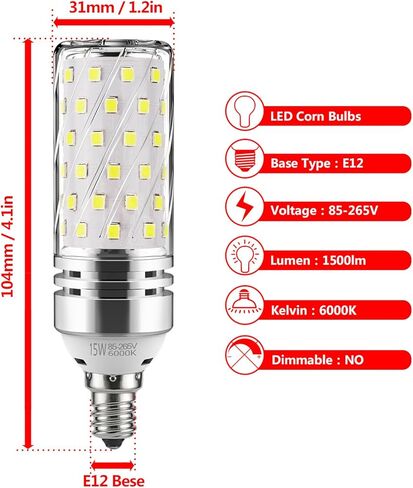 لمبة LED أسطوانية 15 وات، 3000 كلفن (أبيض دافئ)، مصابيح إضاءة E26 LED تعادل 120 وات، 1500 لومن، مصابيح ثريا LED، مصباح LED غير قابل للضوء (3 عبوات) in Kuwait