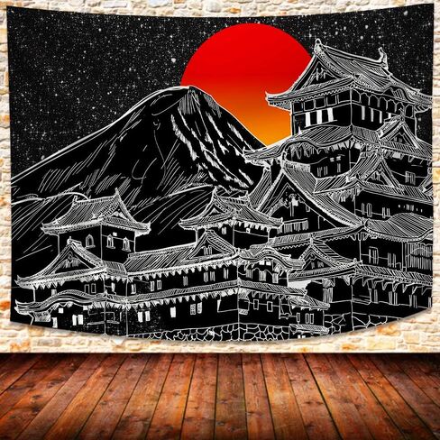 UHOMETAP Japanese Tapestry, Japan Pagoda Mount Fuji Anime Tapestry Wall Hanging, Red Sun Tapestry Black White Art Blanket for Bedroom Living Room Dorm 80x60 Inches GTLSUH521 in Saudi Arabia