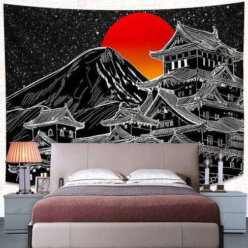 UHOMETAP Japanese Tapestry, Japan Pagoda Mount Fuji Anime Tapestry Wall Hanging, Red Sun Tapestry Black White Art Blanket for Bedroom Living Room Dorm 80x60 Inches GTLSUH521 in Saudi Arabia