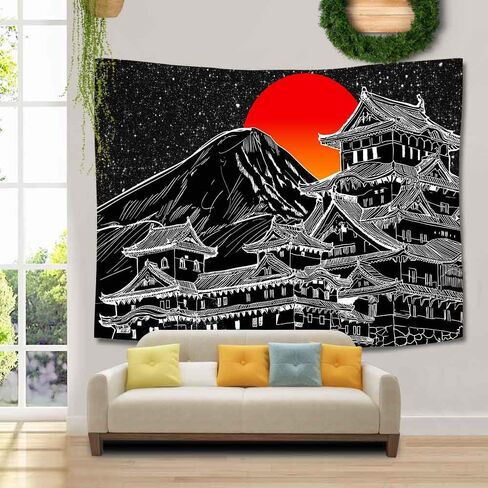 UHOMETAP Japanese Tapestry, Japan Pagoda Mount Fuji Anime Tapestry Wall Hanging, Red Sun Tapestry Black White Art Blanket for Bedroom Living Room Dorm 80x60 Inches GTLSUH521 in Saudi Arabia