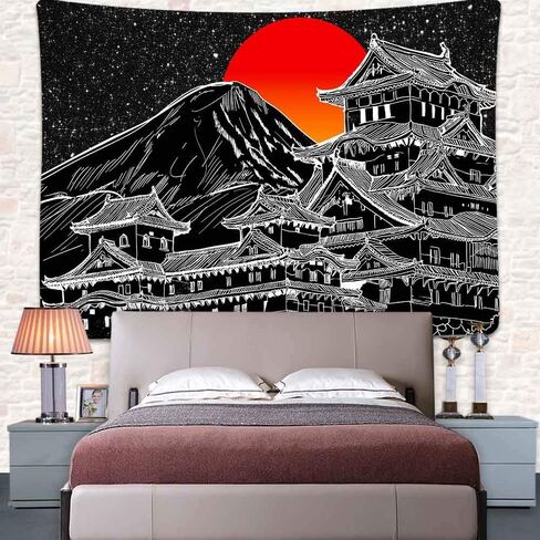 UHOMETAP Japanese Tapestry, Japan Pagoda Mount Fuji Anime Tapestry Wall Hanging, Red Sun Tapestry Black White Art Blanket for Bedroom Living Room Dorm 80x60 Inches GTLSUH521 in Saudi Arabia