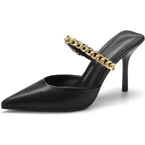 Jeesay Women's Pointed Toe Mules Stilettos Heels Sandals Slip on Gold Chains Mary Jane Dress Pumps