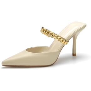 Jeesay Women's Pointed Toe Mules Stilettos Heels Sandals Slip on Gold Chains Mary Jane Dress Pumps
