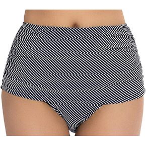 COCOPEAR Women's High Waisted Bikini Bottom Briefs Ruched Swim Shot Tankinis Black Stripe 2XL/12-14