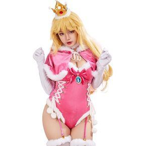 Mobbunny Christmas Peach Derivative Furry Bodysuit for Women Glitter Velvet Romper Santa Bodycon with Short Cloak Outfit