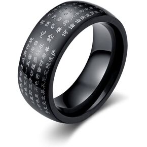 JAJAFOOK Men's Titanium Steel Chinese Heart Sutra Engraved Buddhist Ring Band, Black and Gold