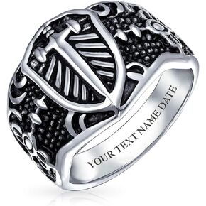 Bling Jewelry Personalize Large Statement Medieval Men's Religious Ancient Viking Maltase Fleur De Lis Cross Square Signet Band Ring For Men Oxidized Silver Tone Stainless Steel