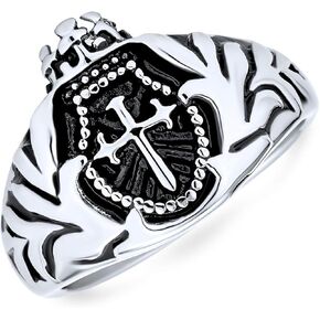 Bling Jewelry Personalize Large Statement Medieval Men's Religious Ancient Viking Maltase Fleur De Lis Cross Square Signet Band Ring For Men Oxidized Silver Tone Stainless Steel