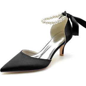 Jishevous Women's Pointed Toe Kitten Heels Satin Bridal Pumps Ankle Strap Pearls Stilettos Wedding Prom Party Dress Shoes